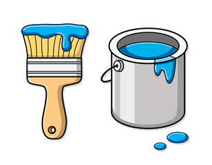 Blue paint can and a paint brush with blue paint.