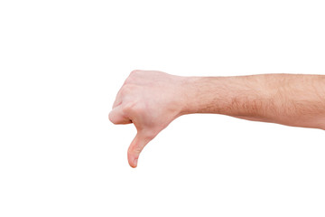 male hand gesturing thumb down sign