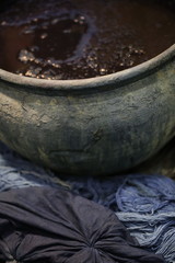 Dyeing Pots with colorful yarns dyed to blue fabric