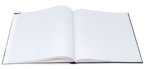 Opened book with blank pages on a white background