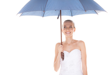 Bride woman in white wedding dress with umbrella.