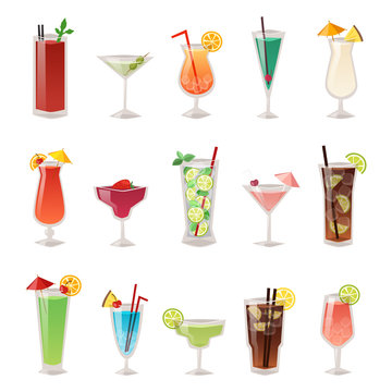 Set of different alcohol drink bottle and glasses vector illustration. 