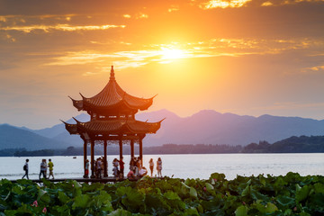 Hangzhou west lake ancient pavilion building at dusk, in China