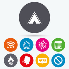 Tourist camping tent sign. Fire flame icons.