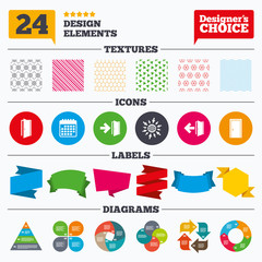 Doors signs. Emergency exit with arrow symbol.