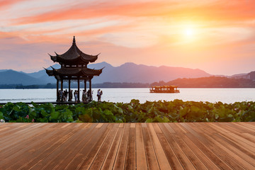 Hangzhou west lake ancient pavilion building at dusk, in China