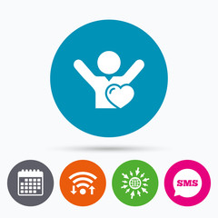 Fans love icon. Man raised hands up sign.