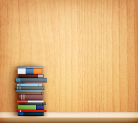 books on wooden shelf