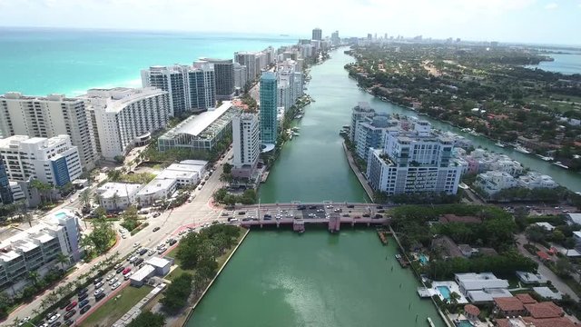 Aerial video of the 63rd Street draw Bridge Miami Beach Florida