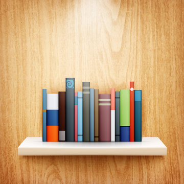 books on wooden shelf