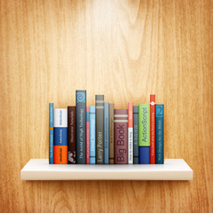 books on wooden shelf