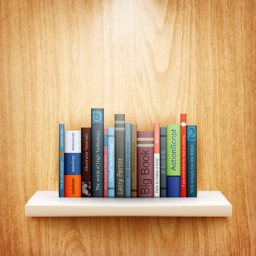 books on wooden shelf