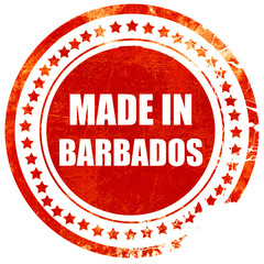 Made in barbados, grunge red rubber stamp on a solid white backg