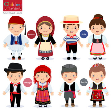 Kids in different traditional costumes (Greece, Italy, Portugal,
