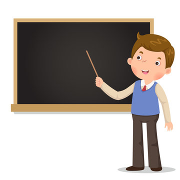 Male teacher standing in front of blackboard with a pointer Stock Vector |  Adobe Stock