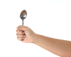 Male hand holding an empty spoon, composition isolated on white