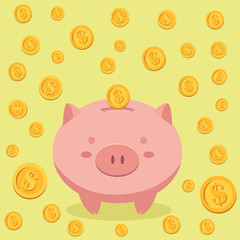 Piggy Bank Savings Surrounded by Coin Money in Yellow Background