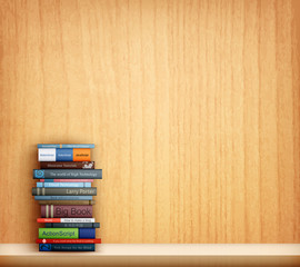 books on wooden shelf