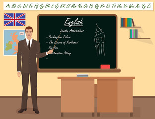 School English male teacher in audience class concept. Vector illustration.