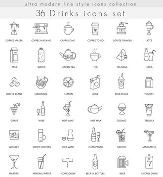 Vector drinks ultra modern outline line icons for web apps. Tea, coffee and alcohol.