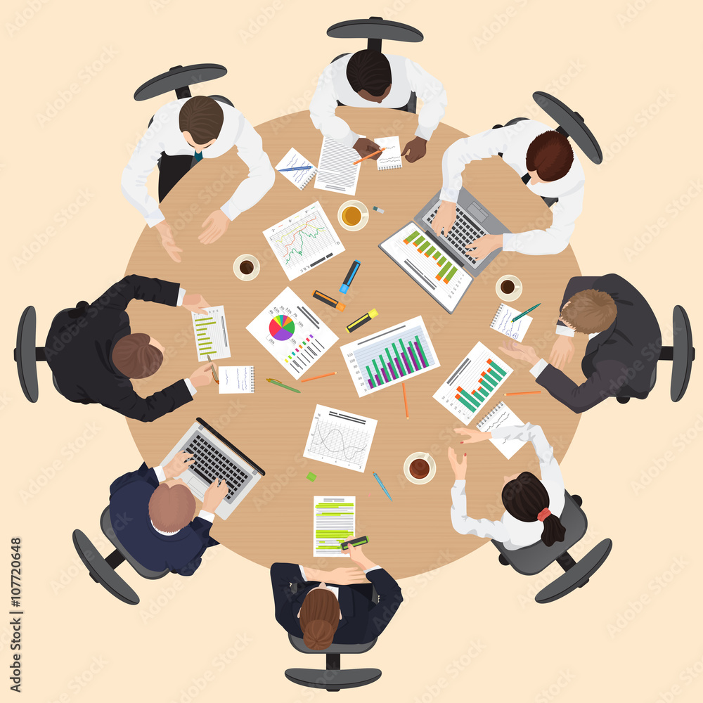Poster corporate business management teamwork meeting and brainstorming concept. round table in top point o
