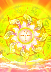 Cartoon illustration of a sun god in the sky with shinning sunlight ancient pattern ray in mother of nature and fairy tale concept