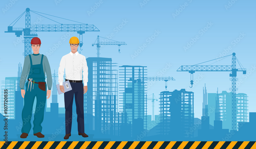 Poster Builder man manager architect and worker on the constructions buildings background. Construction professions concept.