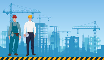 Builder man manager architect and worker on the constructions buildings background. Construction professions concept.