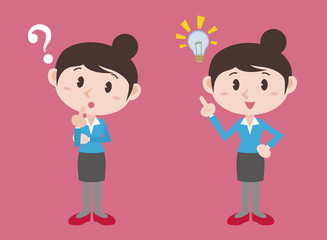 young woman character, posing question and inspiration, vector illustration
