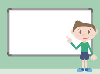 young boy character pointing whiteboard, vector illustration