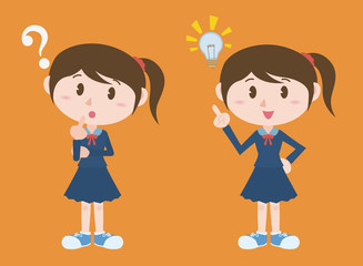 young woman character, posing question and inspiration, vector illustration