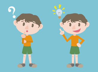 young boy character, posing question and inspiration, vector illustration