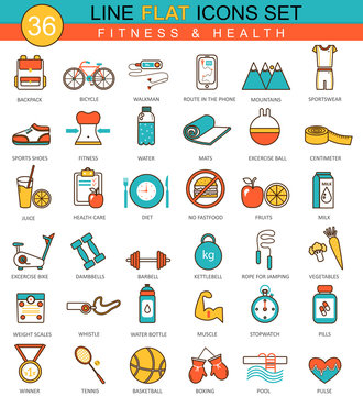 Vector Fitness and health flat line icon set. Modern elegant style design  for web.