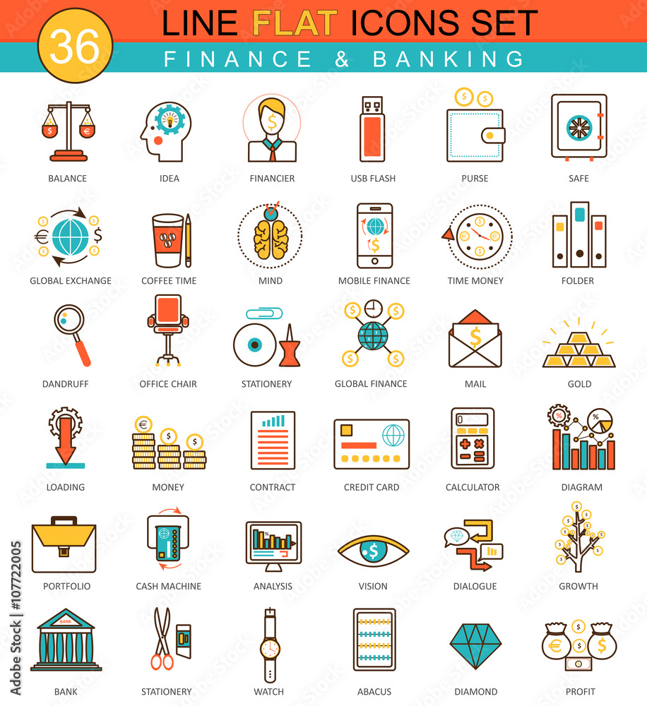 Poster Vector Finance flat line icon set. Modern elegant style design  for web.