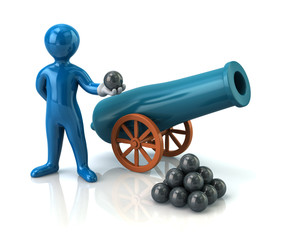 Illustration of blue man and artillery gun