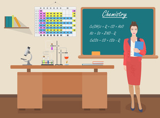 School Chemistry female teacher in audience class concept. Vector illustration.