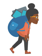 Woman with backpack full of devices.