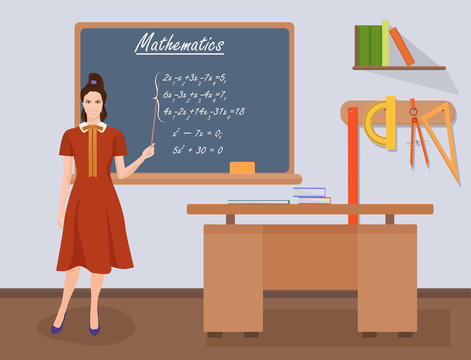 School Mathematics female teacher in audience class concept. Vector illustration.