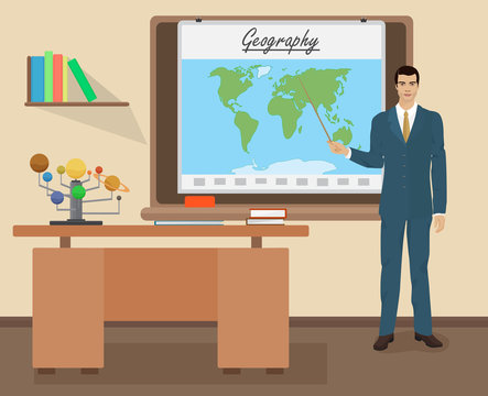 School Geography male teacher in audience class concept. Vector illustration.