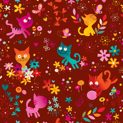 cute kittens, butterflies, flowers seamless pattern