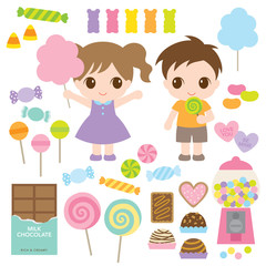 Vector illustration of kids and variety of sweet candies such as lollipops, chocolates, hard candies, gummy bears, cookies, cotton candy.