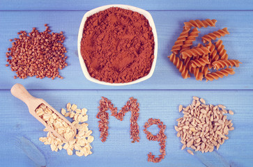 Vintage photo, Natural ingredients and products containing magnesium and dietary fiber, healthy...
