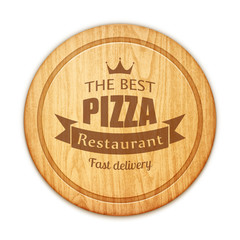 empty round cutting board with pizza restaurant label