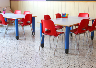 classroom of a kindergarten with red chairs and small school tab