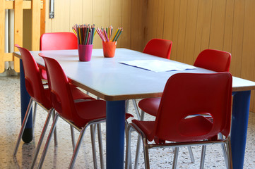 kindergarten with red chairs  and lots of colored pencils