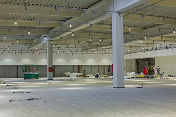 Empty large space, concrete hall interior.