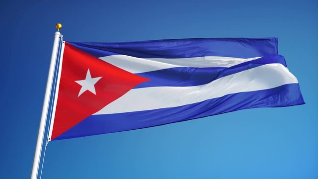 Cuba flag waving in slow motion against clean blue sky, seamlessly looped, close up, isolated on alpha channel with black and white luminance matte, perfect for film, news, digital composition