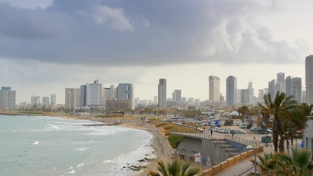 Sunrise view of Tel Aviv from old Jaffa.  UHD, 4K