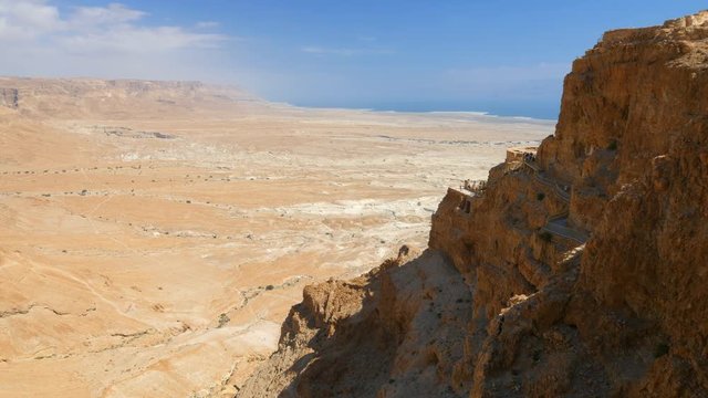 Panning shot of Massada fortress in Negev desert, Israel. UHD, 4K