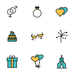 Trendy flat line icon pack for designers and developers. Vector line wedding icon set, wedding icon object, wedding icon picture, wedding image - stock vector